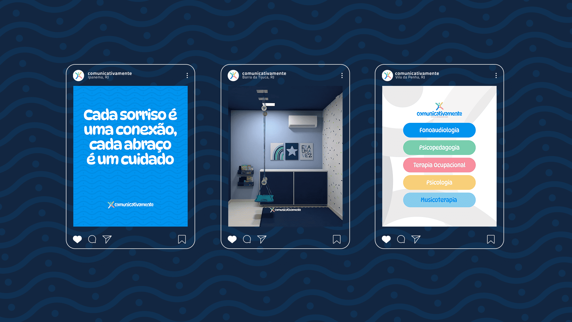 Três posts do Instagram da Comunicativamente mostrando serviços de fonoaudiologia e terapia