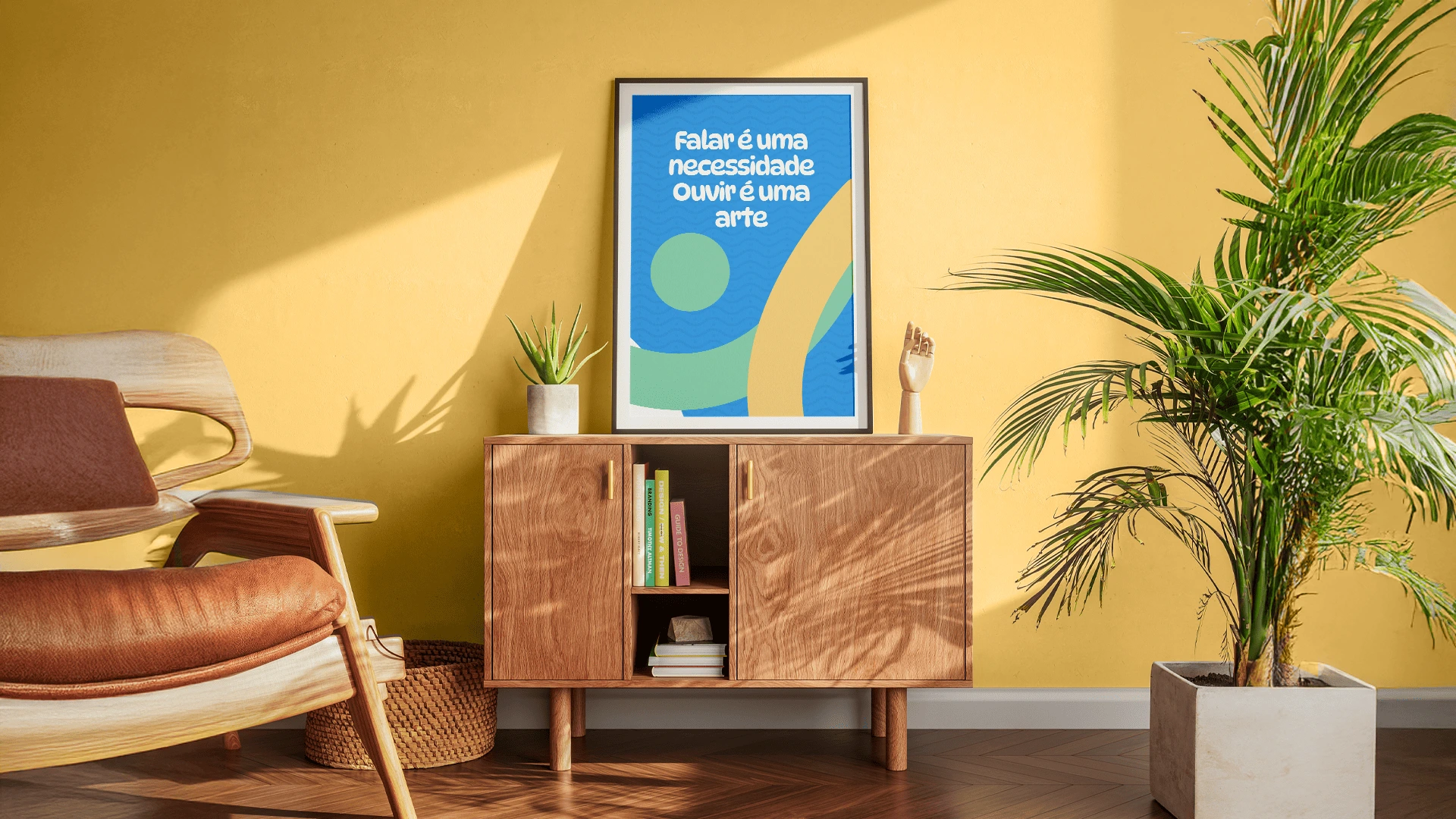 Quadro decorativo com frase motivacional sobre comunicação em ambiente residencial moderno