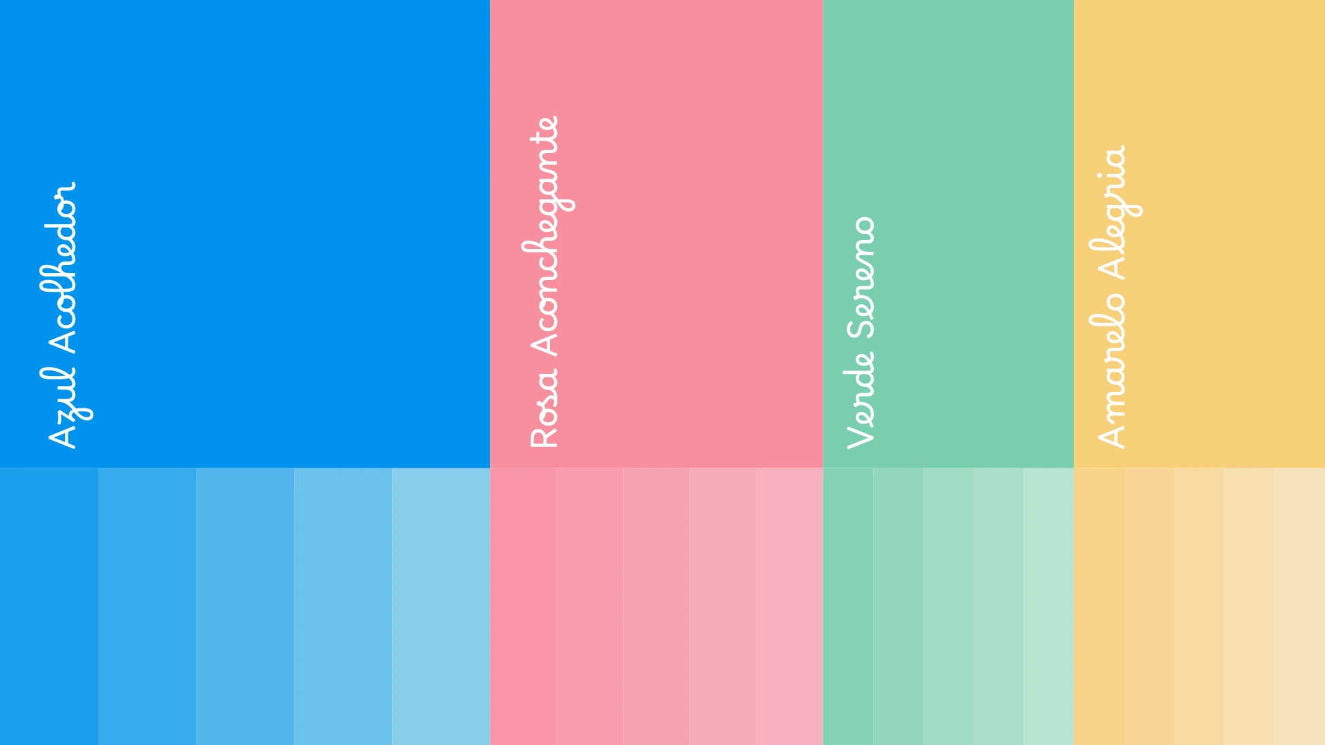 Paleta de cores da Comunicativamente com azul acolhedor, rosa acompanhante, verde sereno e amarelo alegria